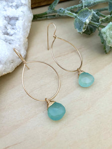 Gemstone Hoop Earrings with Aqua Blue Chalcedony Drop - Gold fill or Sterling Silver