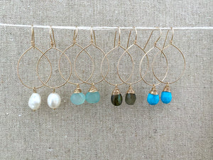 Gemstone Hoop Earrings with Aqua Blue Chalcedony Drop - Gold fill or Sterling Silver