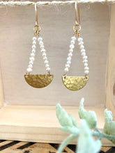 Load image into Gallery viewer, Pearl and Brass Half Moon Earrings