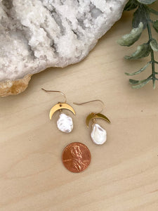 Pearl and gold crescent moon earrings - 14k gold filled ear wires