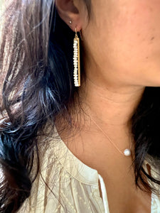 Pearl and Brass Stick Earrings - Tiny White Pearls - 14k Gold Filled Ear wires