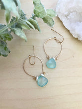 Load image into Gallery viewer, Aqua Blue Chalcedony and Pearl Inverted Hoop earrings - Gold fill