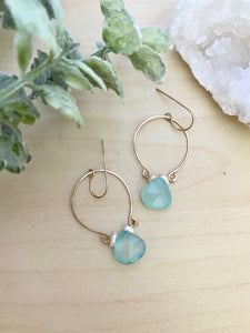 Aqua Blue Chalcedony and Pearl Inverted Hoop earrings - Gold fill