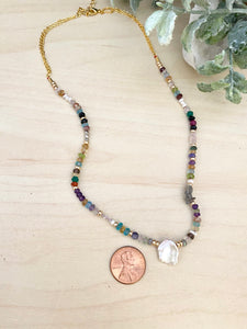 Confetti Colourful Pearl and Gemstone Statement Necklace - Adjustable 16 to 18 inches