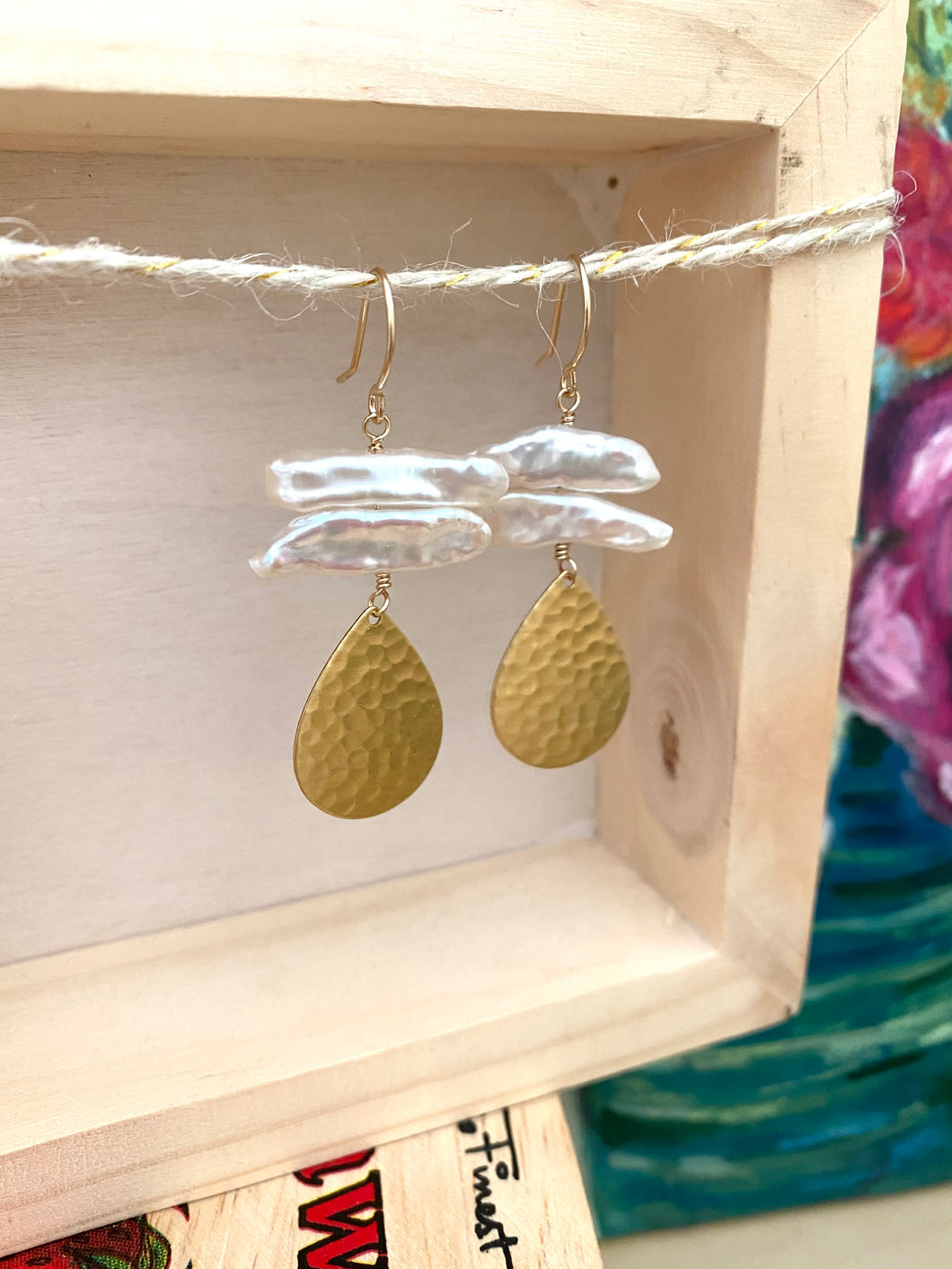 Raw freshwater stick pearls with hammered gold drop - 14k gold fill ear wires