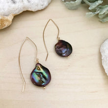 Load image into Gallery viewer, Black Freshwater Pearl Coin Earrings with Long Gold Fill ear wires