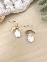 Load image into Gallery viewer, Pearl and gold crescent moon earrings - 14k gold filled ear wires