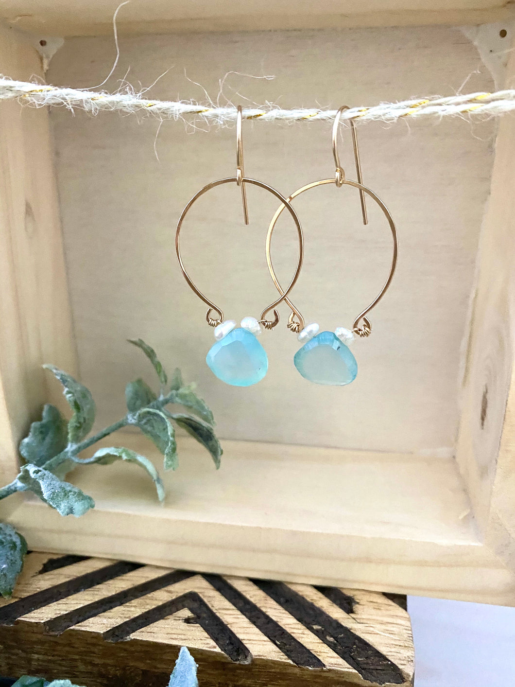 Aqua Blue Chalcedony and Pearl Inverted Hoop earrings - Gold fill