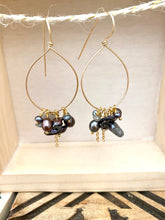 Load image into Gallery viewer, Gold Fill Hoops with Dark Pearls and Gemstone Dangles