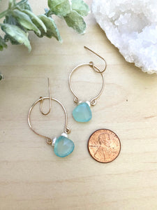 Aqua Blue Chalcedony and Pearl Inverted Hoop earrings - Gold fill