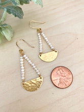 Load image into Gallery viewer, Pearl and Brass Half Moon Earrings