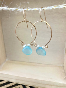 Aqua Blue Chalcedony and Pearl Inverted Hoop earrings - Gold fill