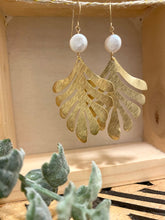 Load image into Gallery viewer, Brass leaf earrings with white coin pearl - 14k gold filled ear wires