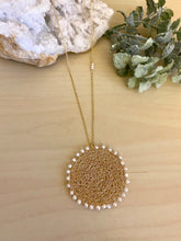 Load image into Gallery viewer, Wire Crochet Sunshine Necklace with Freshwater Pearls - Lacy Pendant Necklace with Pearl detailing