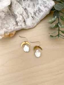 Pearl and gold crescent moon earrings - 14k gold filled ear wires