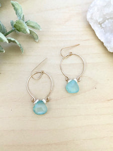 Aqua Blue Chalcedony and Pearl Inverted Hoop earrings - Gold fill