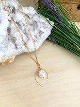 Load image into Gallery viewer, Wish bone shaped pendant necklace made from 14k gold fill wire and accompanied by a white freshwater pearl drop 