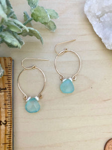 Aqua Blue Chalcedony and Pearl Inverted Hoop earrings - Gold fill