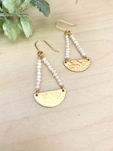 Load image into Gallery viewer, Pearl and Brass Half Moon Earrings