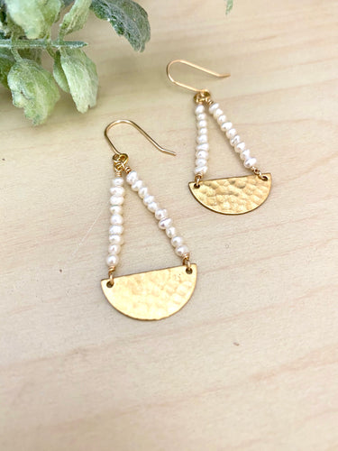 Pearl and Brass Half Moon Earrings