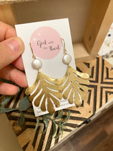 Load image into Gallery viewer, Brass leaf earrings with white coin pearl - 14k gold filled ear wires