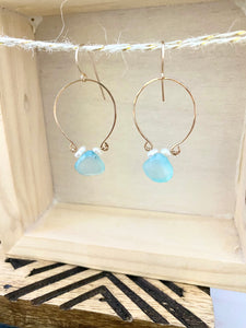 Aqua Blue Chalcedony and Pearl Inverted Hoop earrings - Gold fill