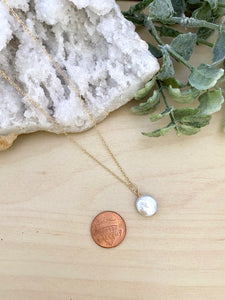 Small White Single Coin Pearl Necklace - Gold Fill or Sterling Silver