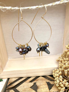 Gold Fill Hoops with Dark Pearls and Gemstone Dangles