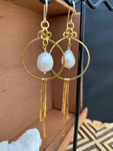 Load image into Gallery viewer, Brass and Freshwater Pearl Statement Earrings - Gold Filled Ear Wires